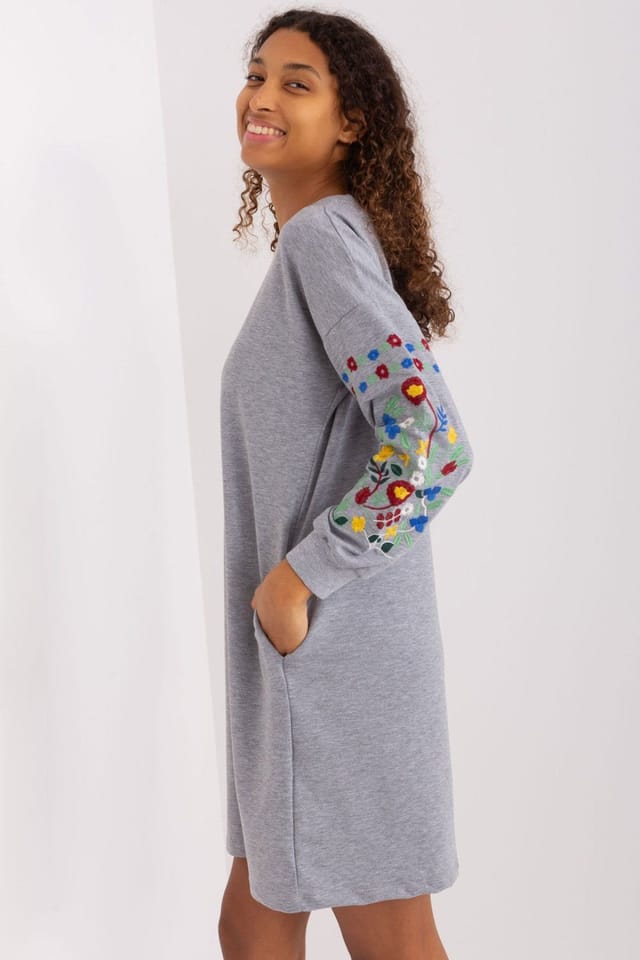 Love Lace Love Lace Women's Embroidered Long Sleeve Sweat Dress with Pockets in Grey - 3