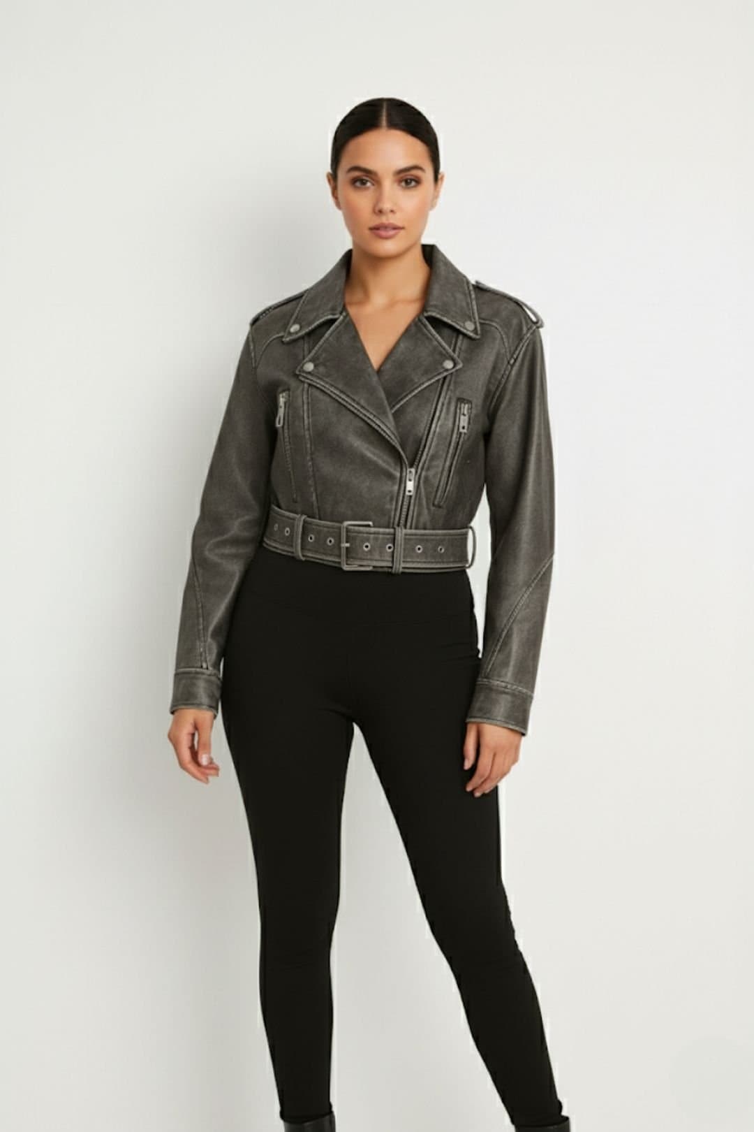 STYLEWISE STYLEWISE Women's Washed PU Cropped Biker Jacket in Grey