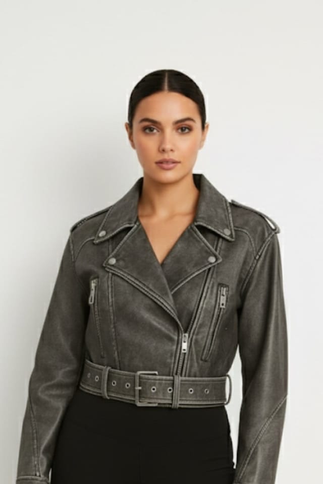 STYLEWISE STYLEWISE Women's Washed PU Cropped Biker Jacket in Grey - 2