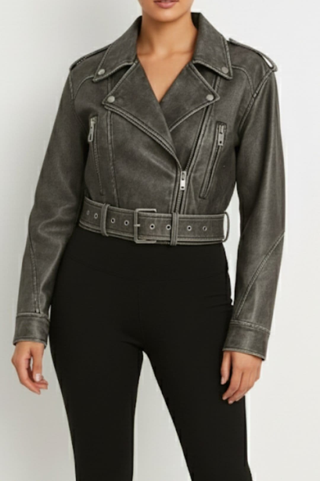 STYLEWISE STYLEWISE Women's Washed PU Cropped Biker Jacket in Grey - 4