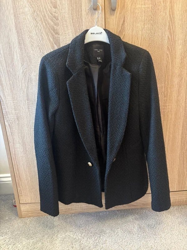 New Look Black Textured Jacket with Gold Buttons - Size 10