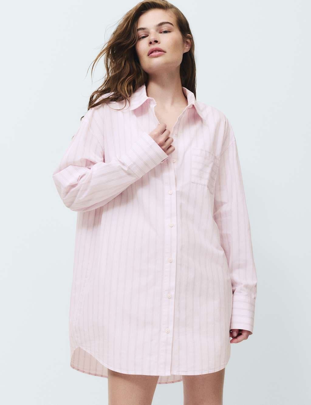 Marks & Spencer M&S Pure Cotton Striped Nightshirt Pink Mix