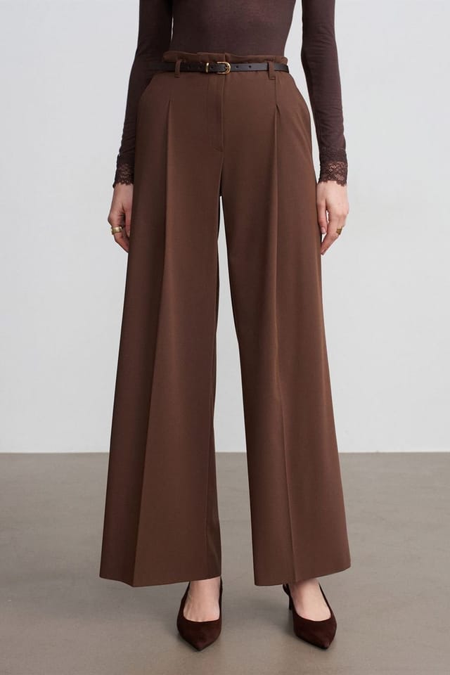 Dilvin Dilvin Women's Belted Wide-leg Crepe Trousers in Chocolate - 3