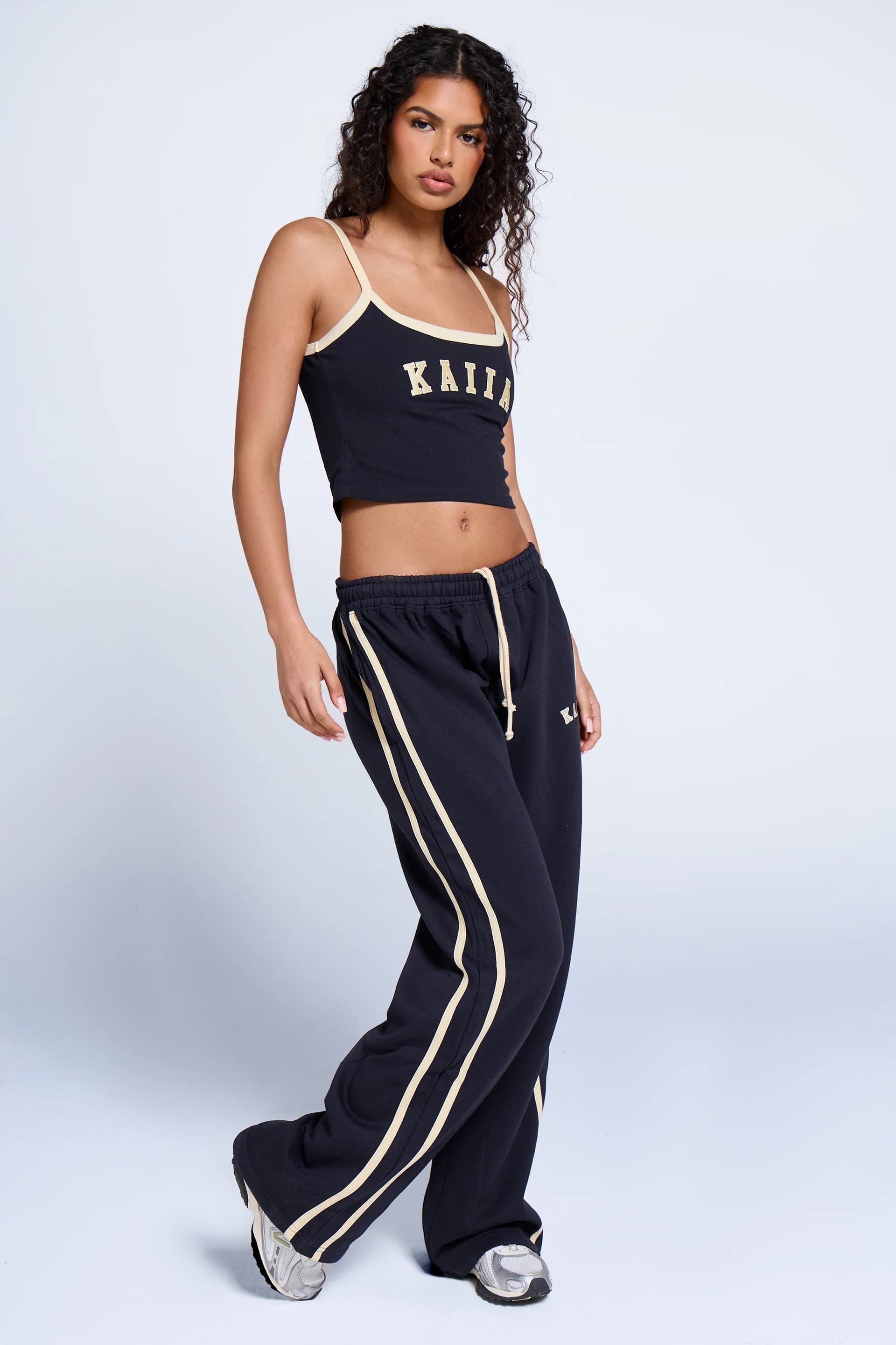 Kaiia Kaiia Sport Side Stripe Wide Leg Joggers Ink Blue & Lemon
