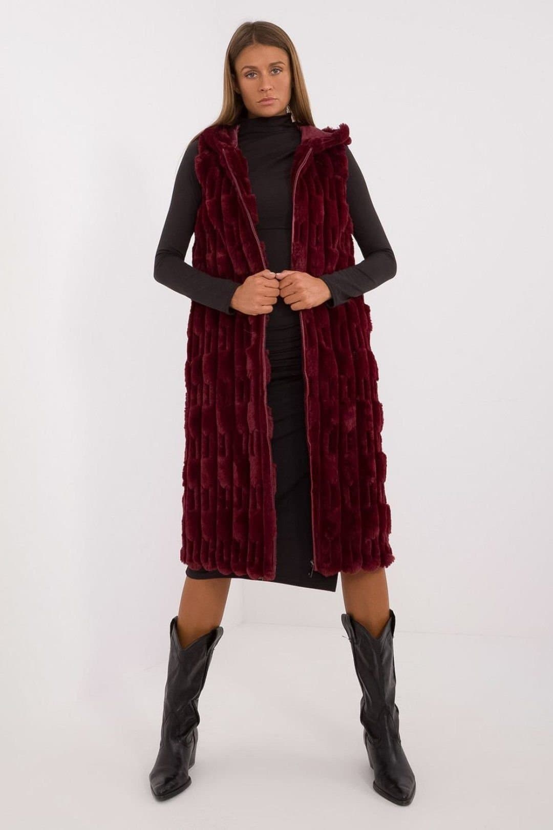Love Lace Love Lace Women's Elegant Faux Fur Vest with Hood & Zip in Red