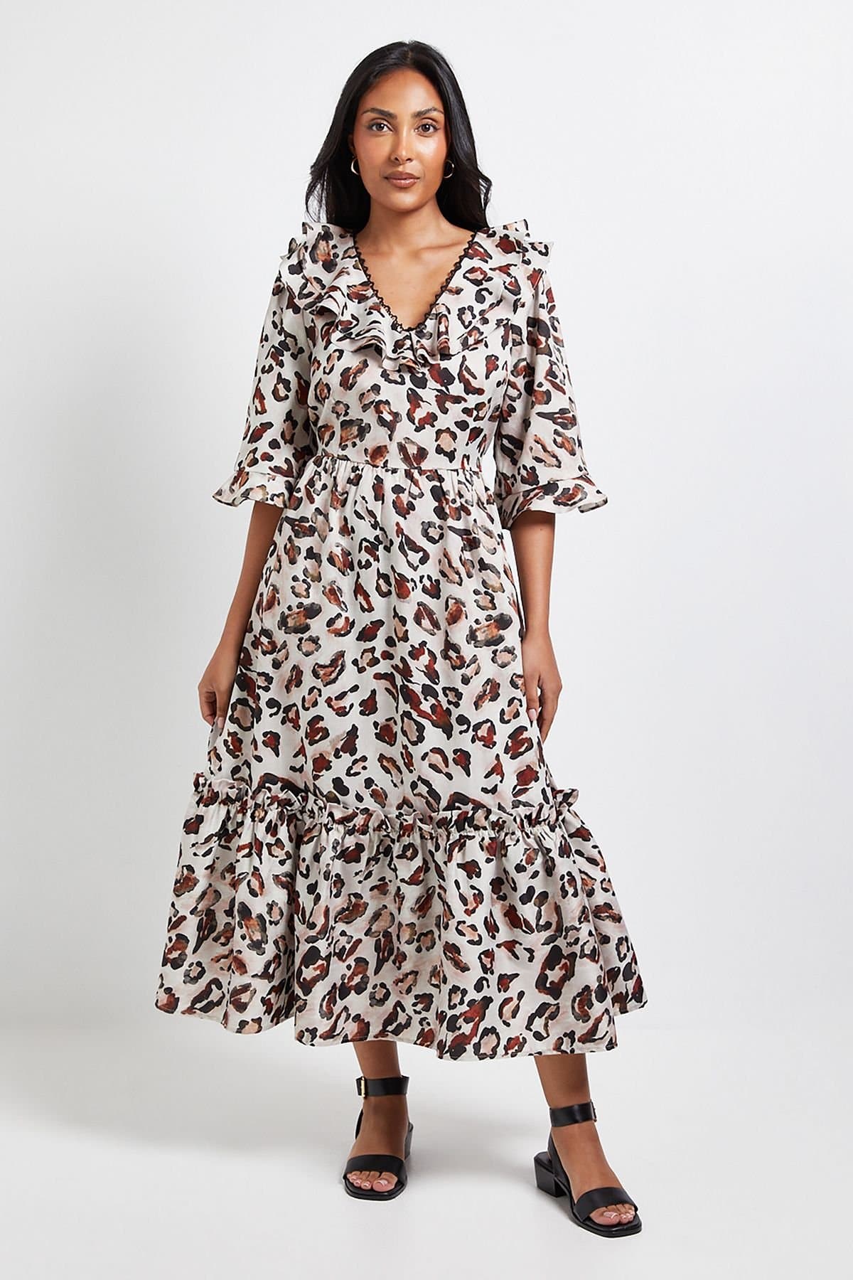 Wallis Wallis Women's Petite Leopard Ruffle Midi Dress in Natural