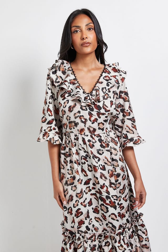 Wallis Wallis Women's Petite Leopard Ruffle Midi Dress in Natural - 2
