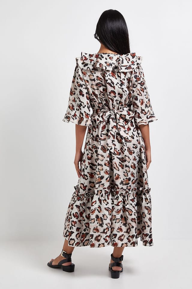 Wallis Wallis Women's Petite Leopard Ruffle Midi Dress in Natural - 3