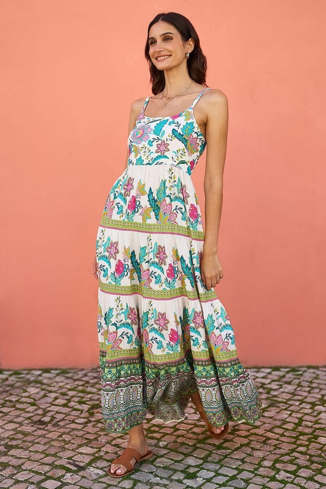 Yumi Yumi Women's White Floral Block Print Tiered Maxi Sun Dress in Ivory - 2