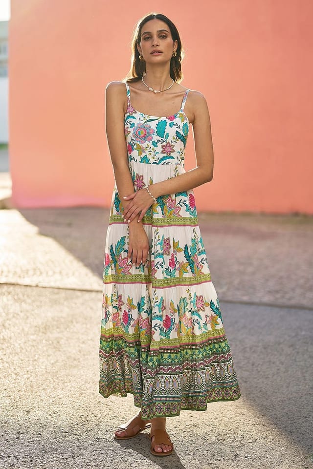 Yumi Yumi Women's White Floral Block Print Tiered Maxi Sun Dress in Ivory - 3