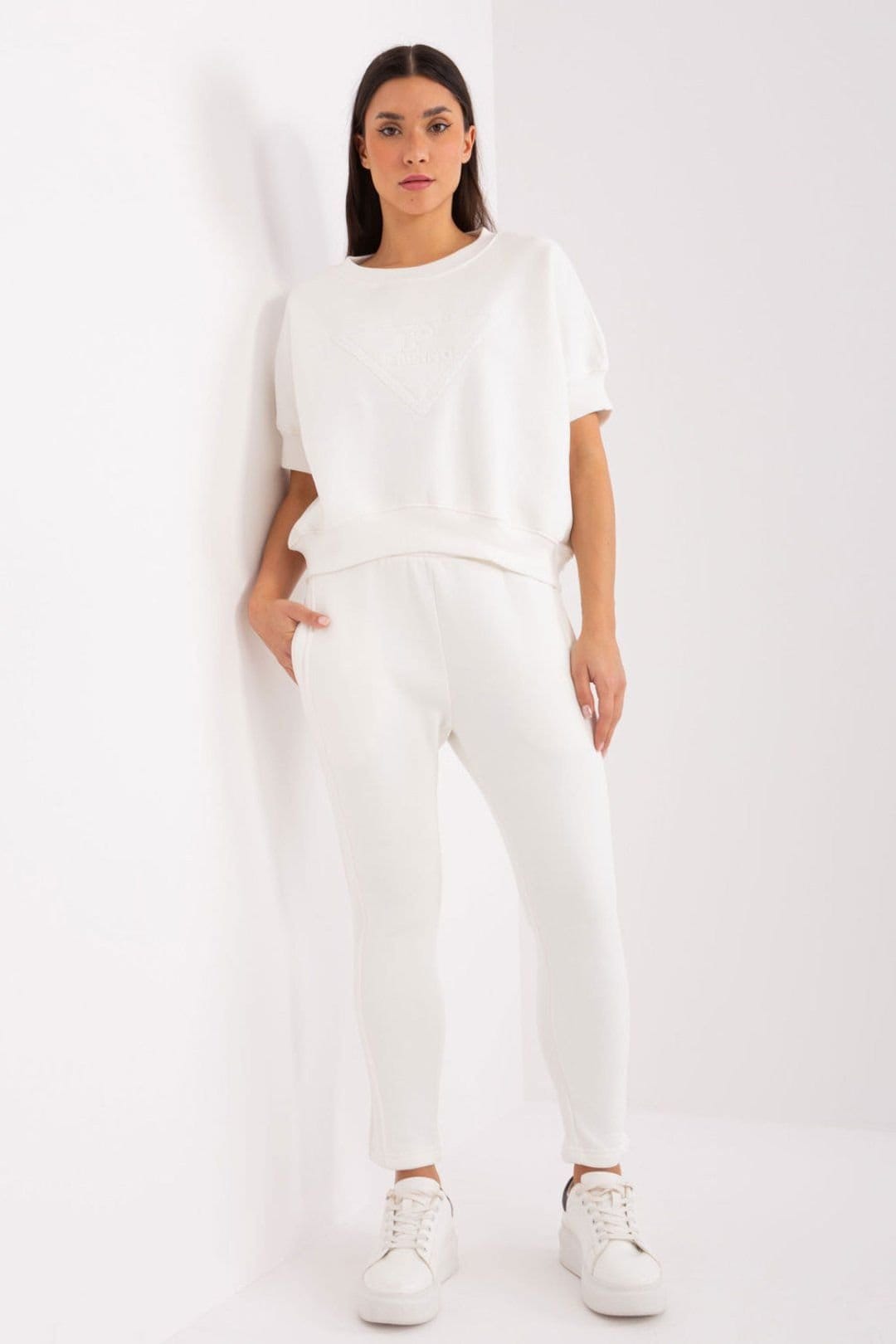 Love Lace White Cotton Polyester Casual Sweatshirt Set