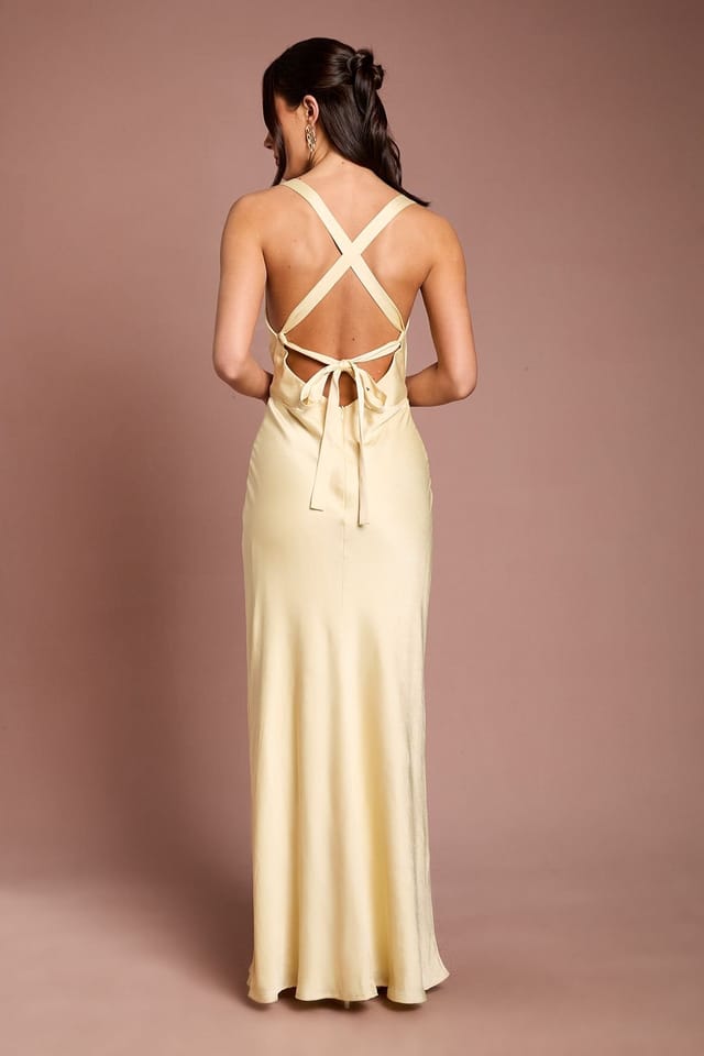 Oasis Oasis Women's Butter Yellow Cross Shoulder Tie Back Satin Maxi Bridesmaid Dress - 3