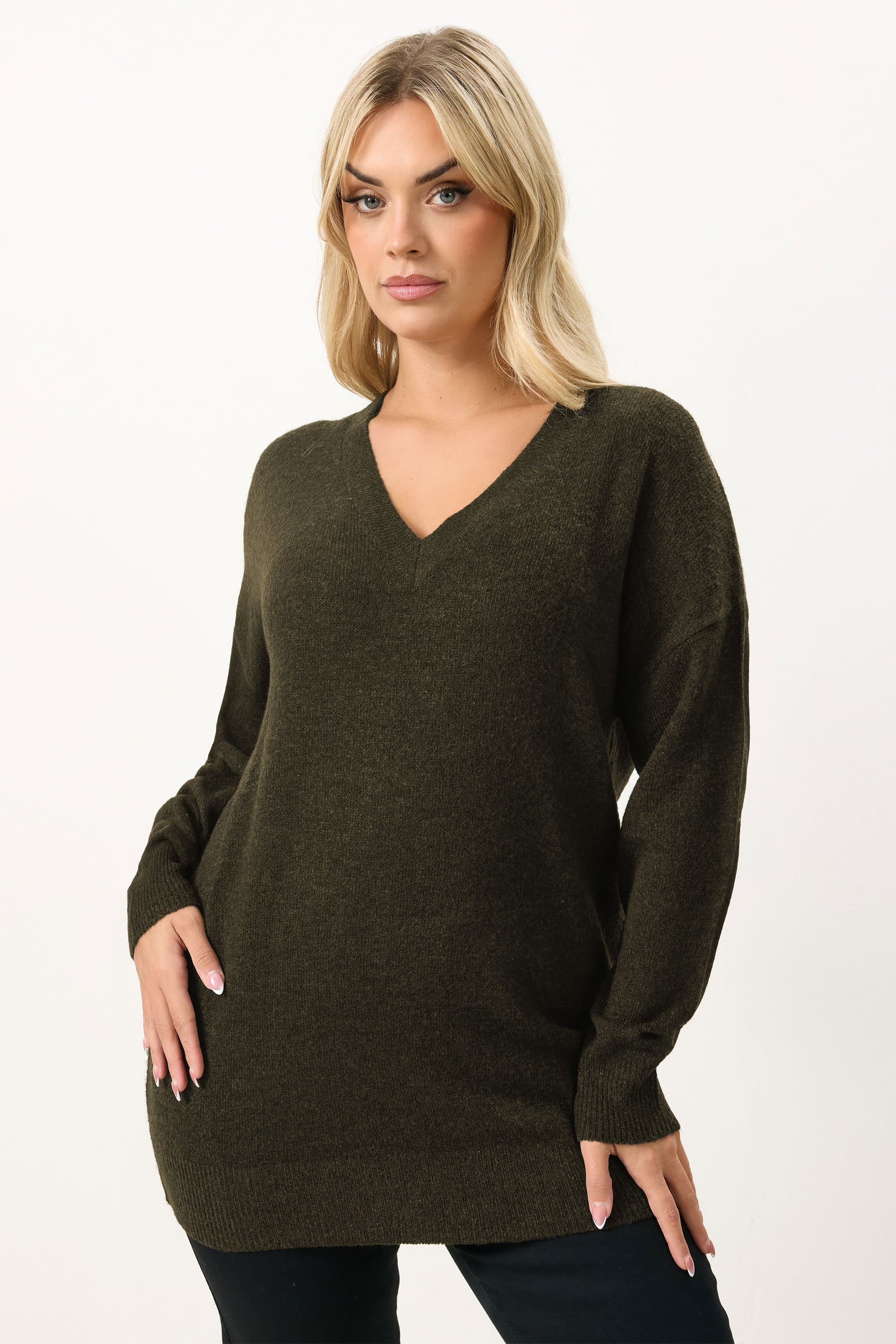 Yours Plus Size Khaki Green Vneck Soft Touch Jumper