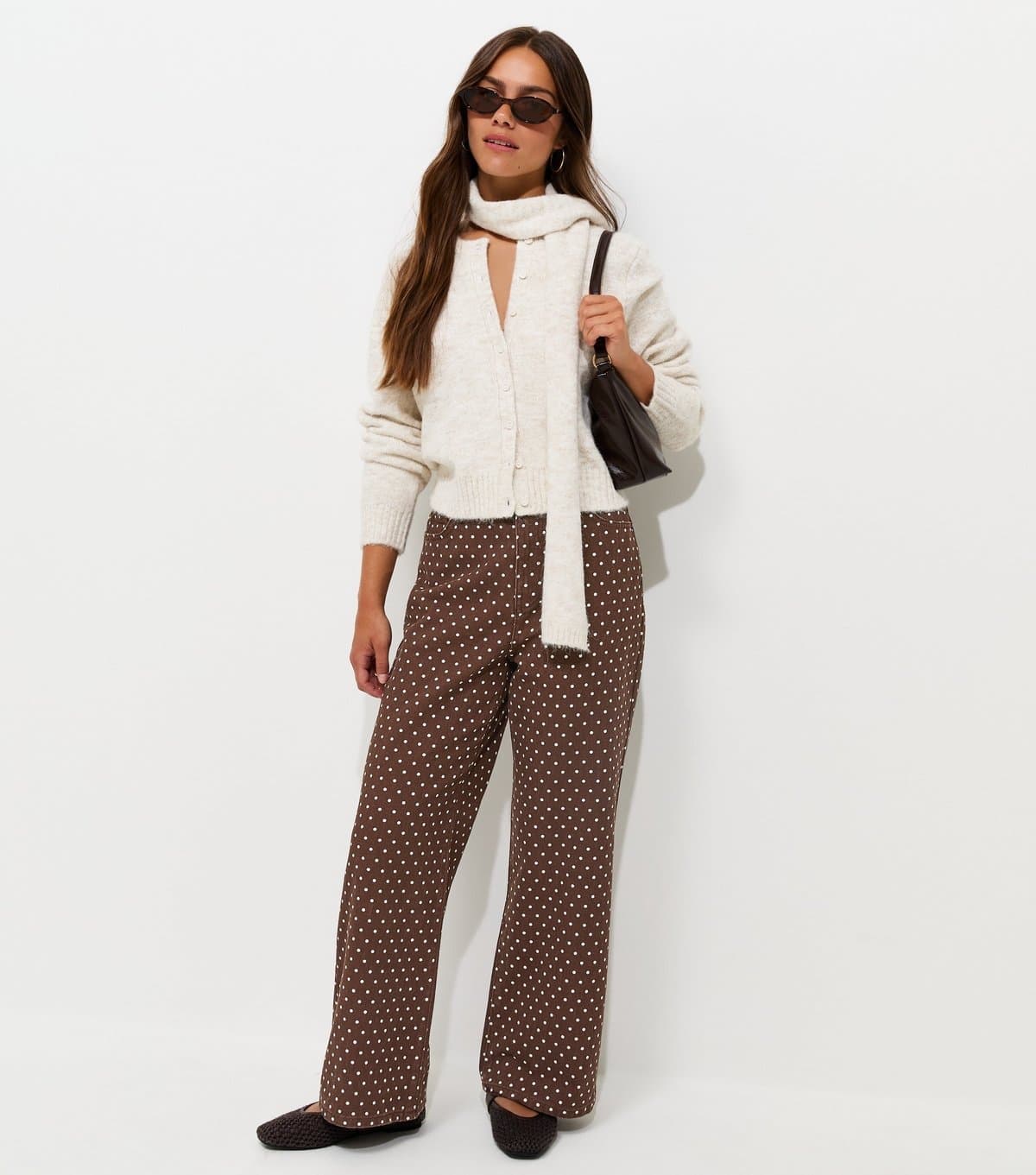 New Look Women's Petite Brown Cotton Polka Dot Wide Leg Jeans New Look