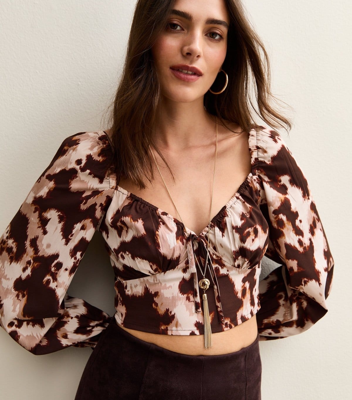 New Look Brown Cow Print Long Sleeve Milkmaid Top