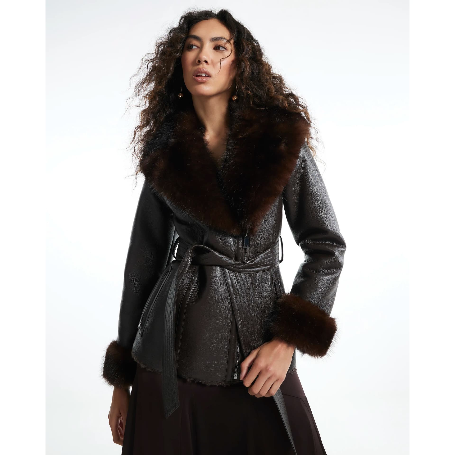 River Island River Island Womens Brown Mid Length Belted Shearling Jacket