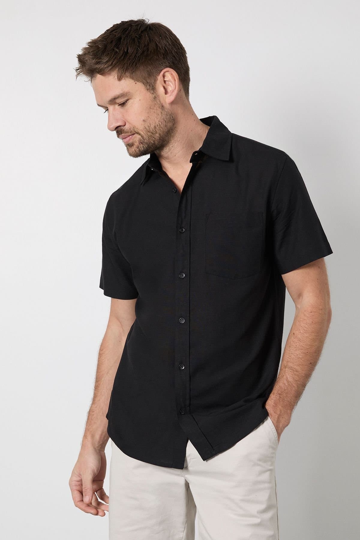 Burton Burton Men's Black Linen Blend Short Sleeve Shirt