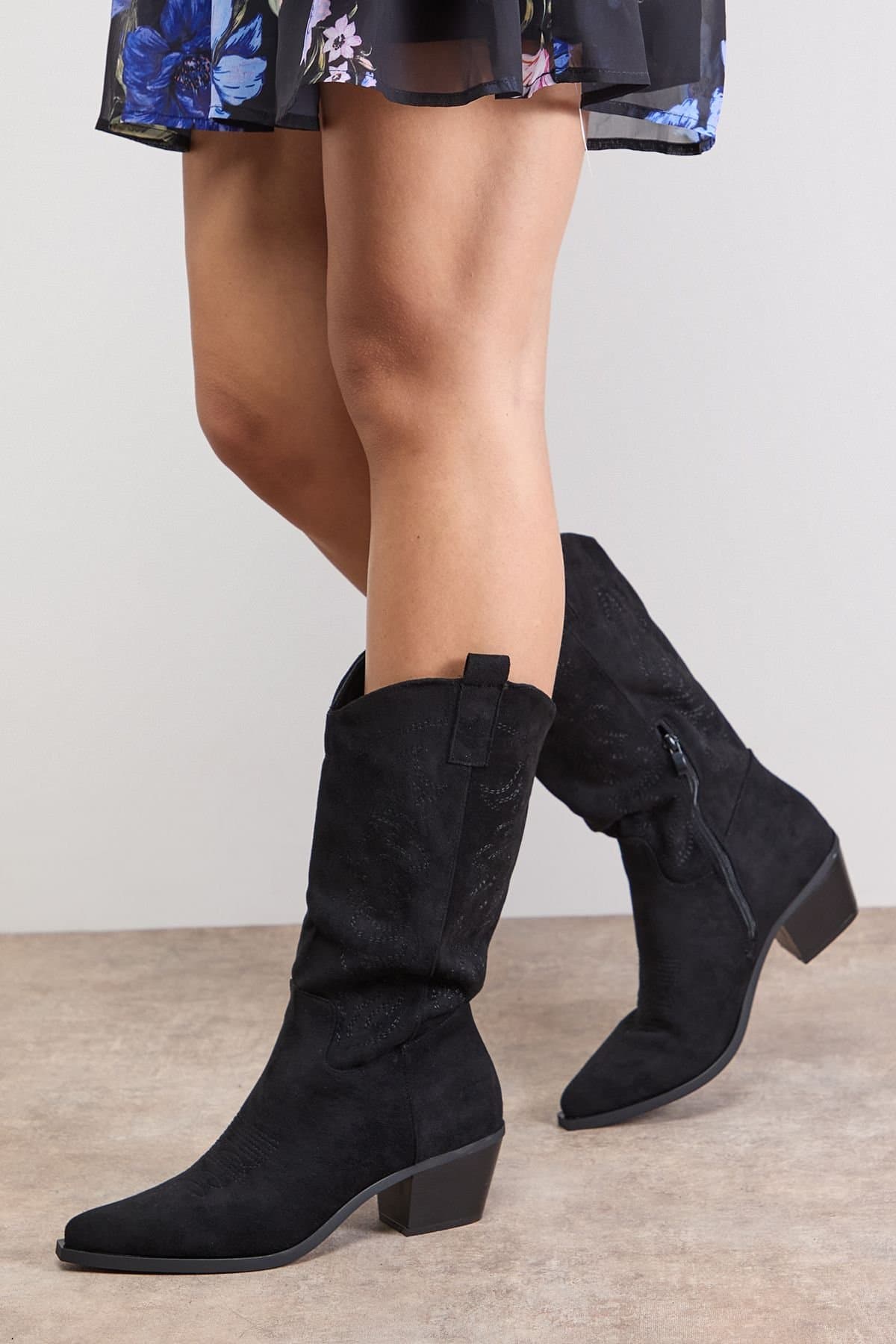 Oasis Oasis Women's Elaina Faux Suede Western Cowboy Calf Boots in Natural Black