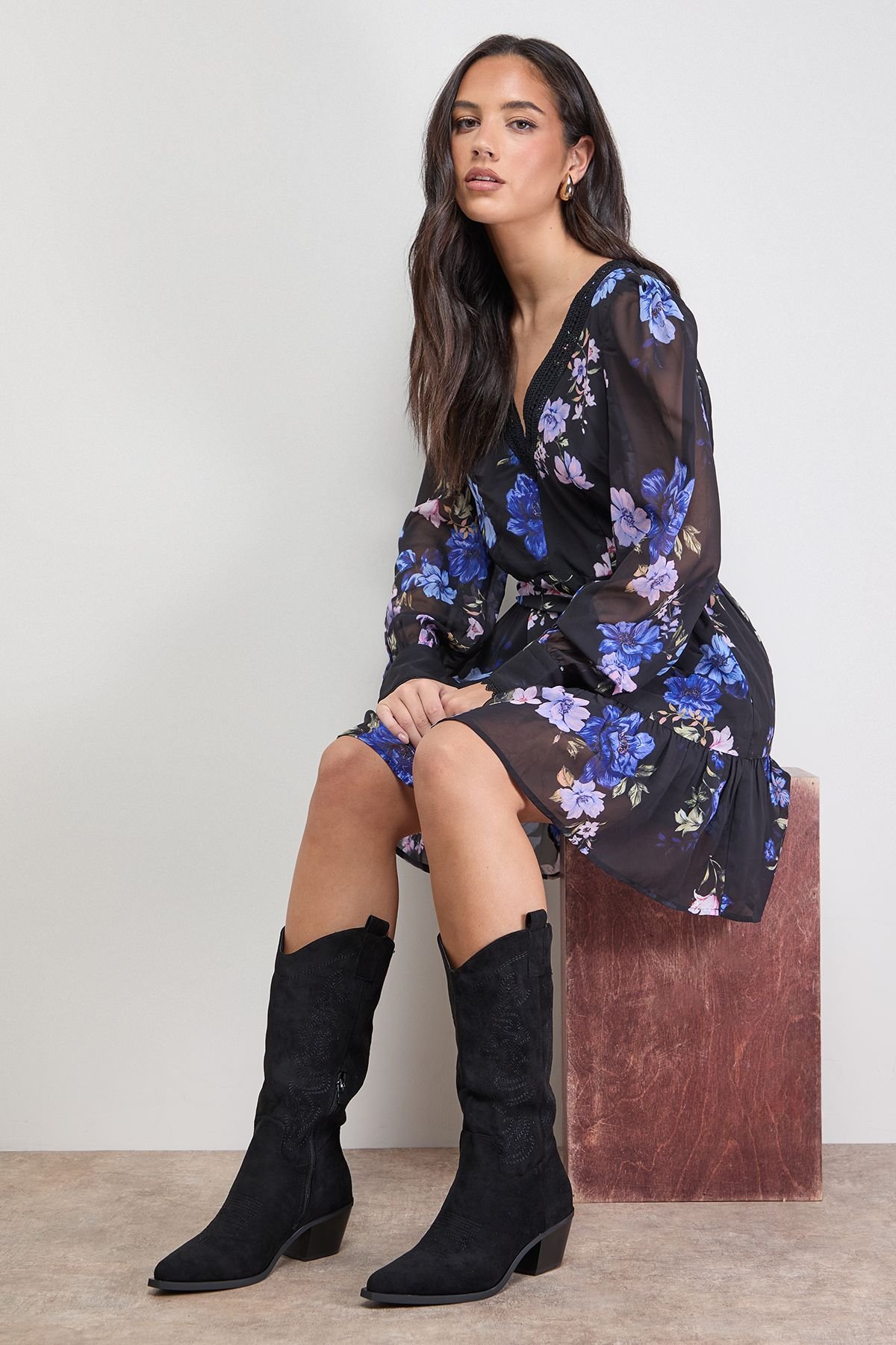 Oasis Oasis Women's Elaina Faux Suede Western Cowboy Calf Boots in Natural Black - 2