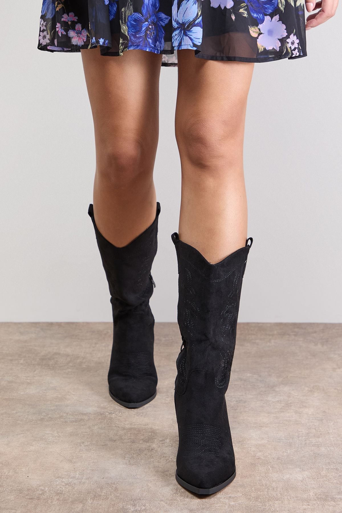 Oasis Oasis Women's Elaina Faux Suede Western Cowboy Calf Boots in Natural Black - 3