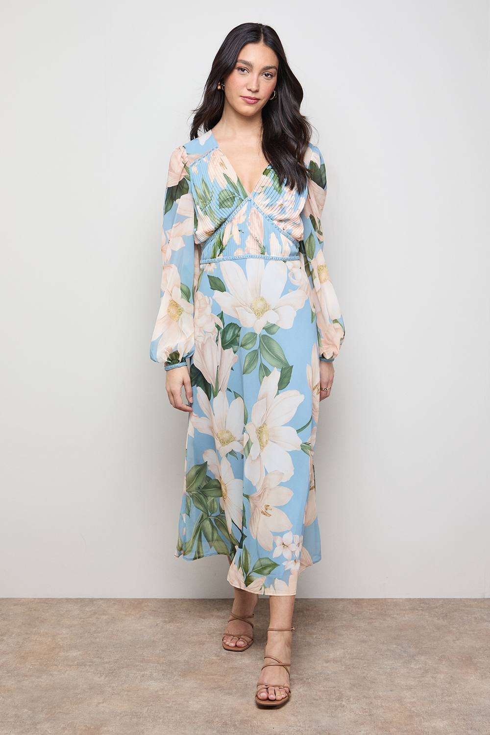 Oasis Oasis Women's Printed Pleated Bodice Detail Midi Dress in Blue - 2