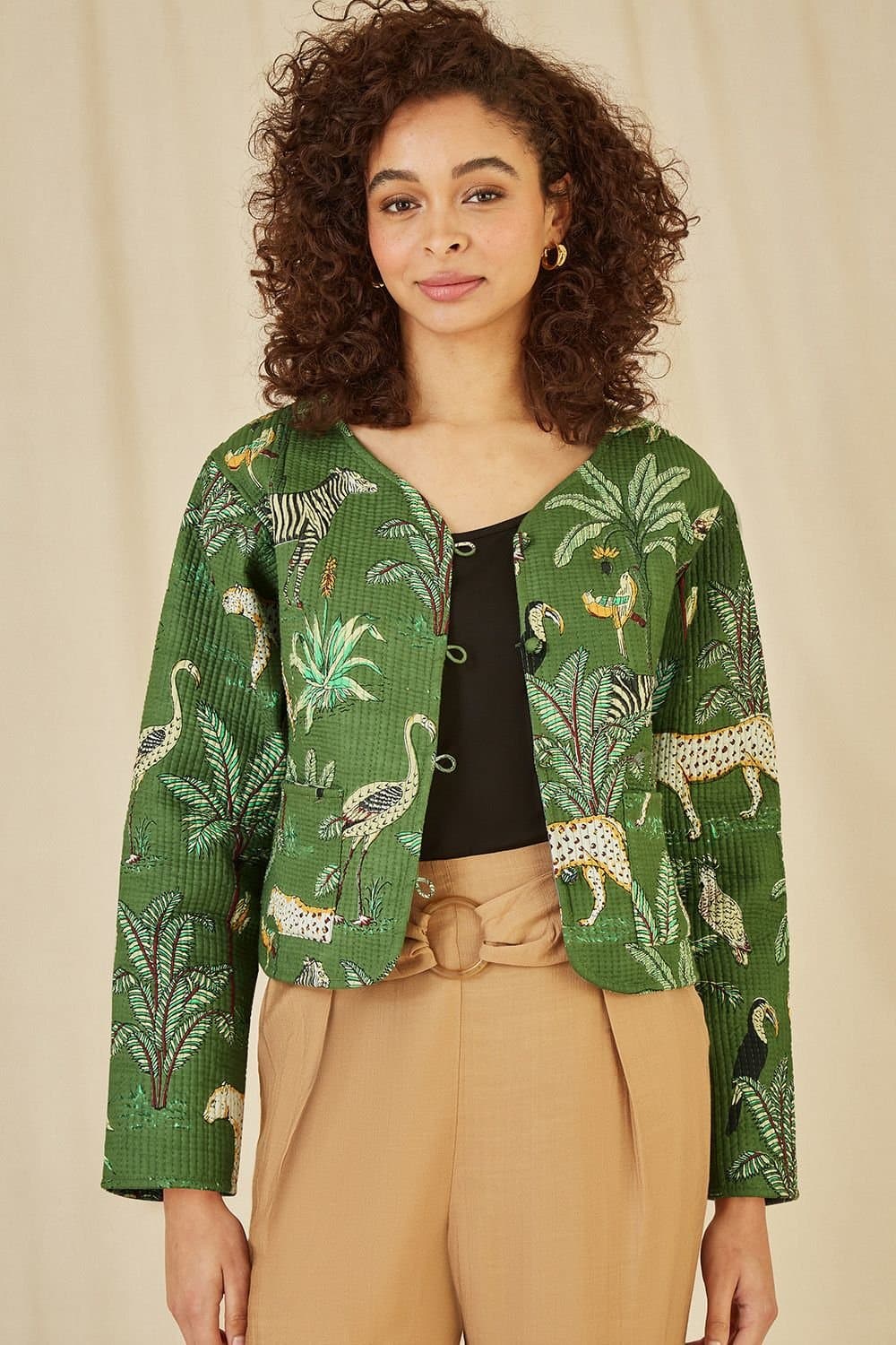 Yumi Yumi Green Animal Print Reversible Cotton Jacket