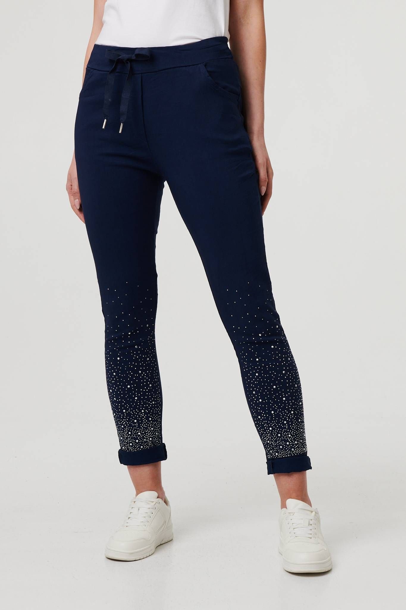 Izabel London Izabel London Women's Diamante Detail Slim Cropped Trousers in Navy - 4