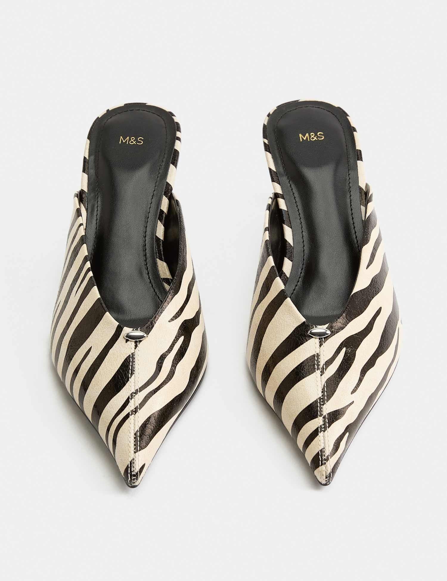 Marks & Spencer M&S Zebra Print Kitten Heel Pointed Mules Cream Mix
