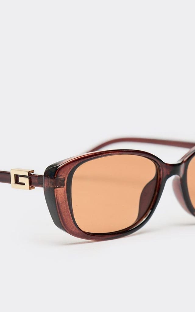 EGO Side Gold Logo Detail Thin Framed Cateye Shaped Brown Tinted Lense Sunglasses In Brown, Women's Size UK 0 - 2