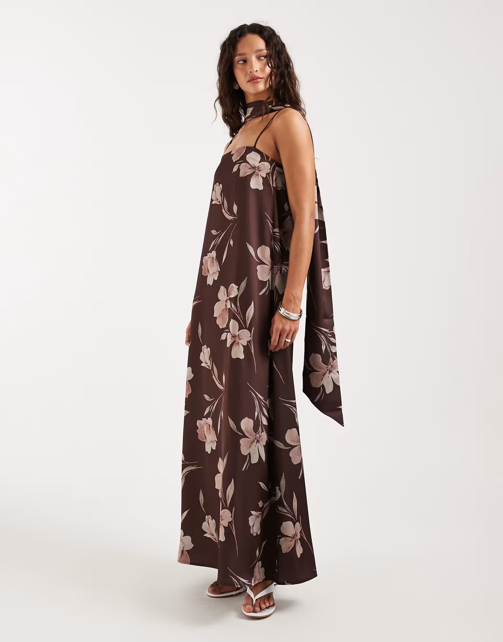 ASOS Pretty Lavish Elowen satin bandeau a line maxi dress with scarf in brown floral