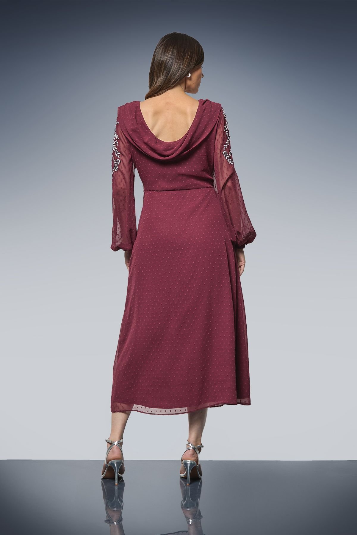 Wallis Wallis Women's Occasion Dobby Embellished Cowl Midi Dress in Burgundy - 3