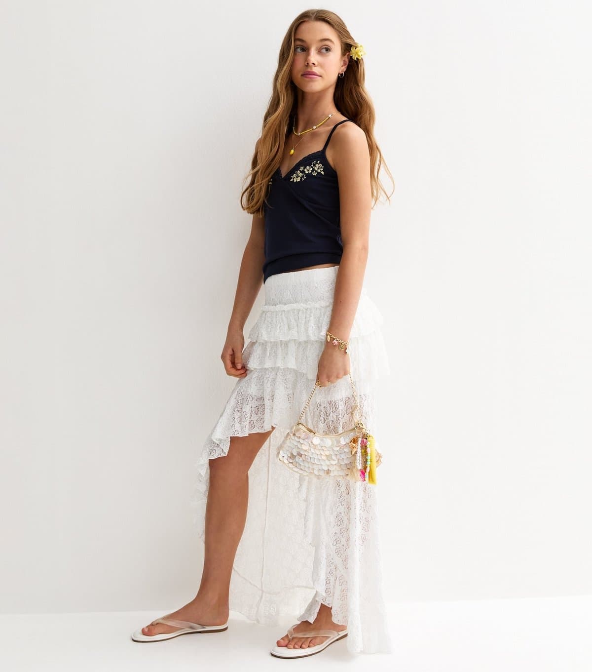 New Look Girls' White Lace Asymmetric Hem Maxi Skirt New Look
