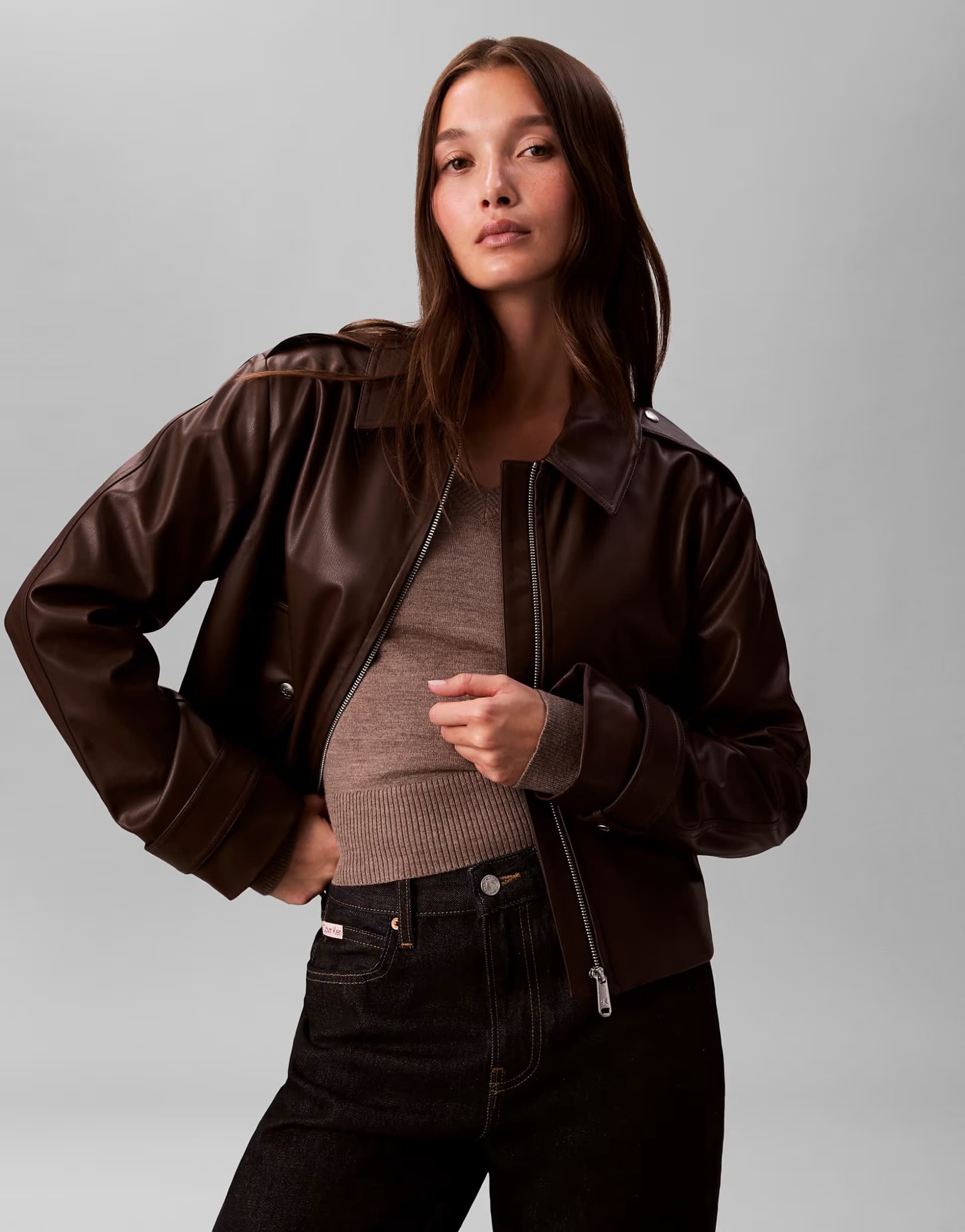 ASOS Calvin Klein Jeans leather moto jacket in chocolate brown