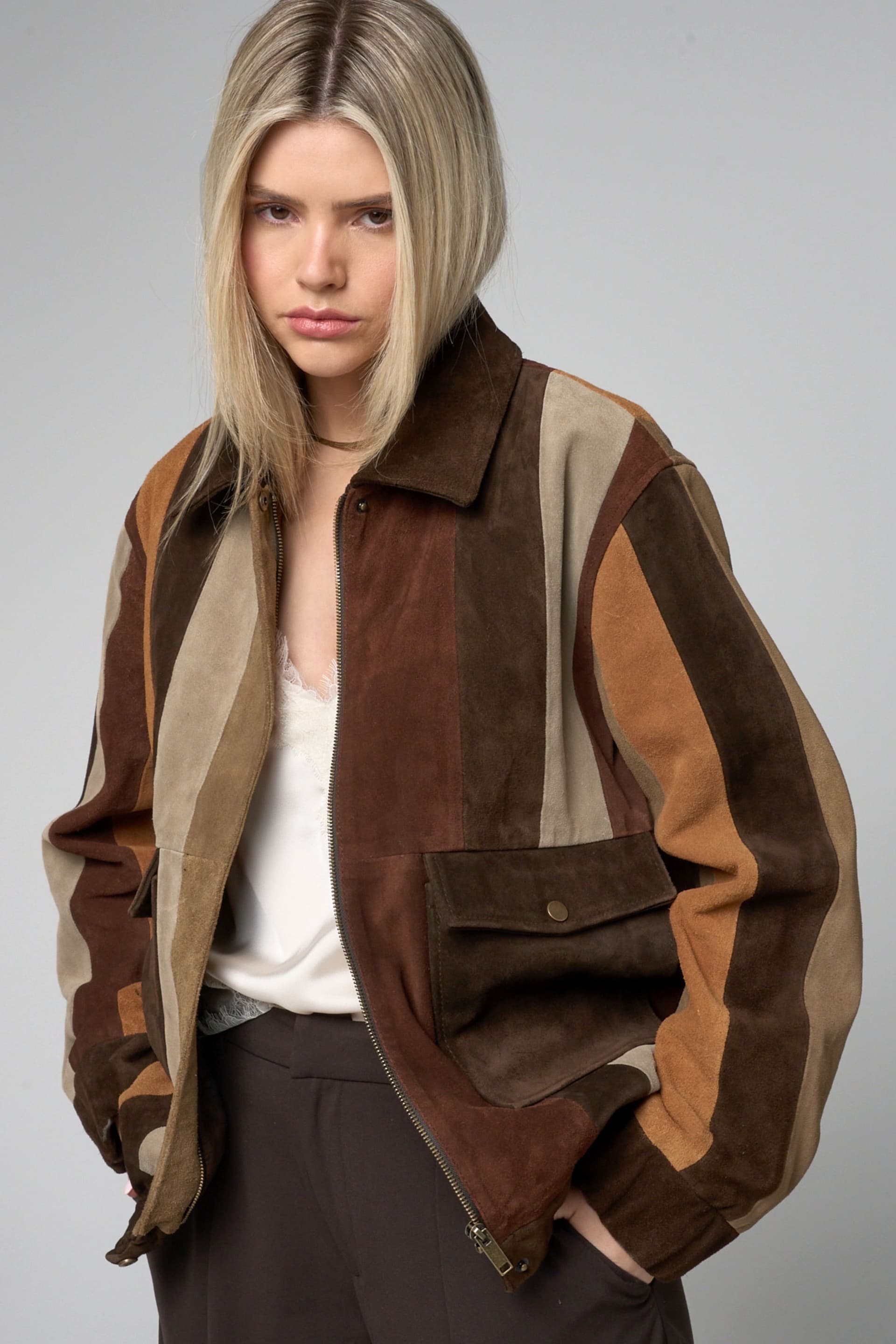 Barneys Originals Barneys Originals Women's Patchwork Suede Bomber Jacket in Brown
