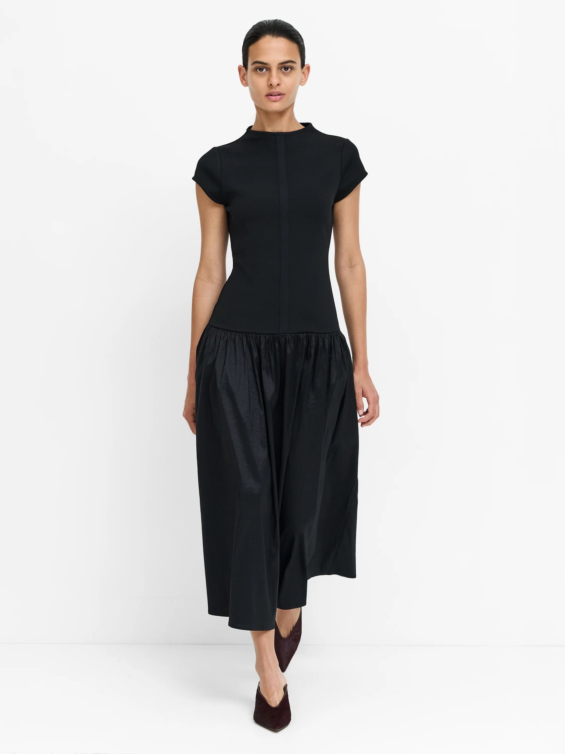 French Connection Finore Black Drop Waist Midi Dress Black