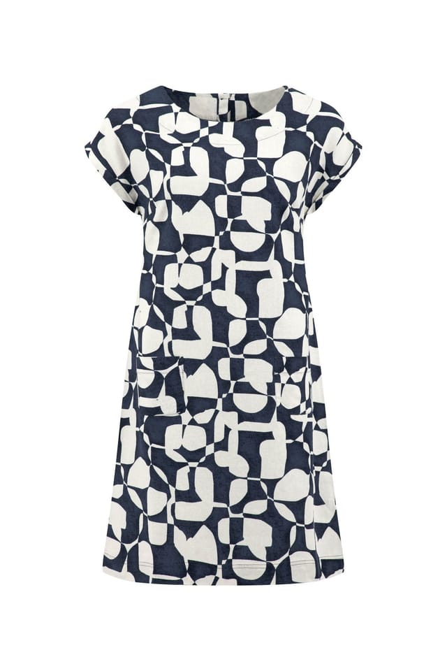 Weird Fish Weird Fish Women's Orlando Printed Linen Rich Shift Dress in Mid Navy - 2