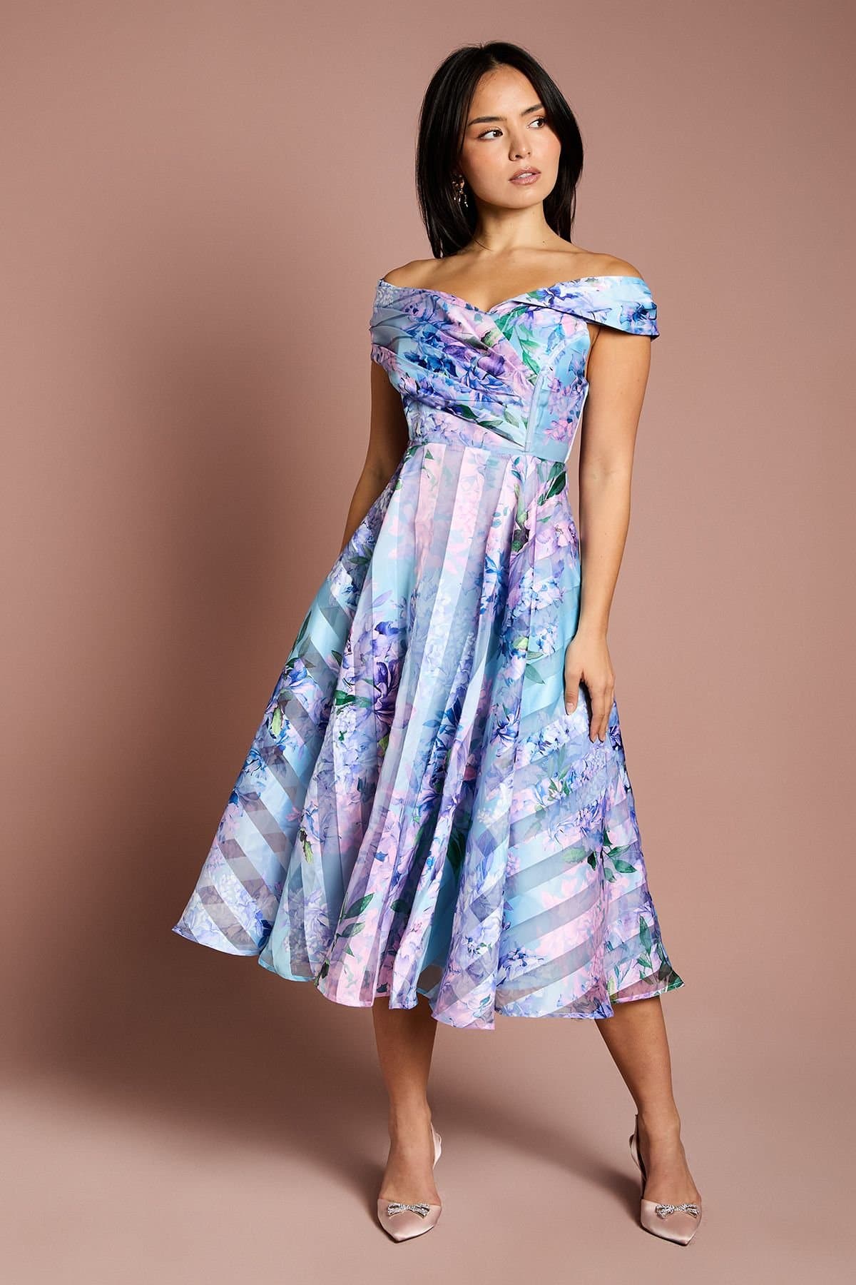 Coast Coast Women's Petite Stripe Organza Pleat Top Midi Dress in Blue