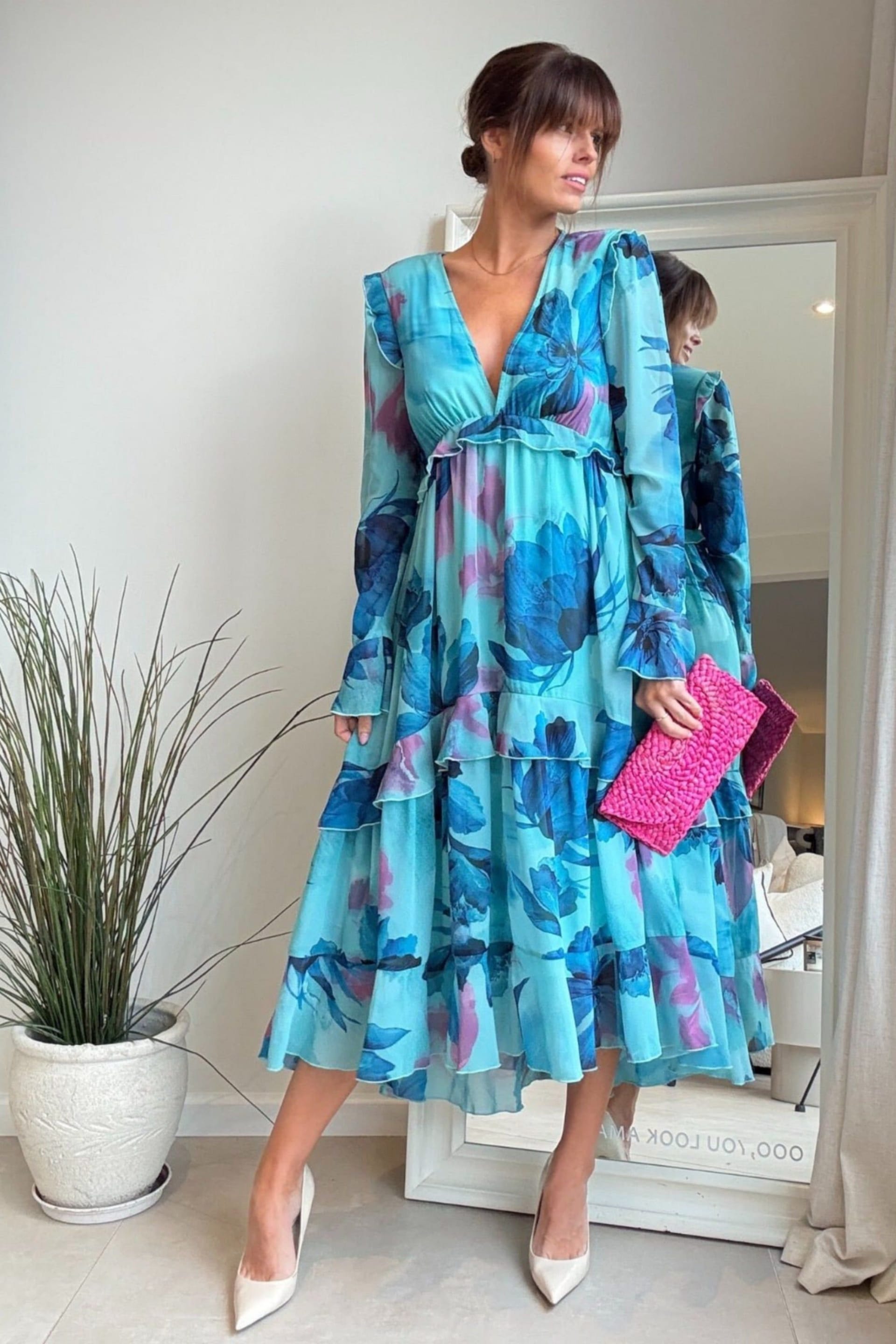 Style Cheat Blue Floral Midi Dress with Lace-Up Tie