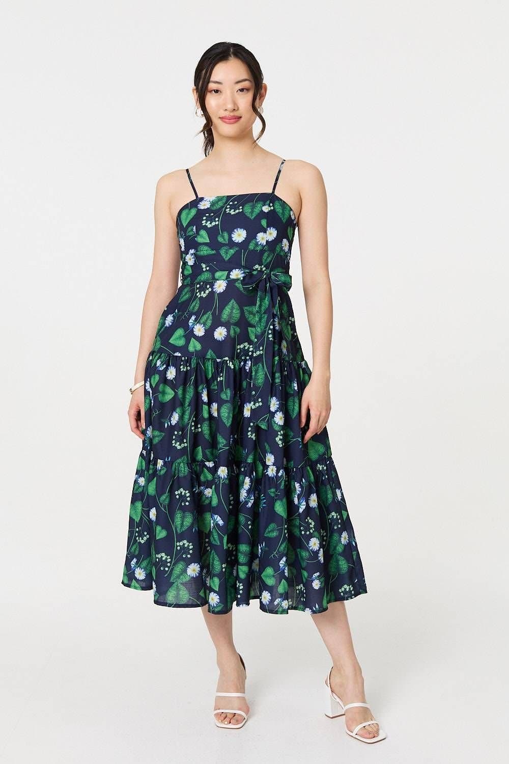Izabel London Izabel London Women's Floral Sleeveless Tie Waist Midi Dress in Green