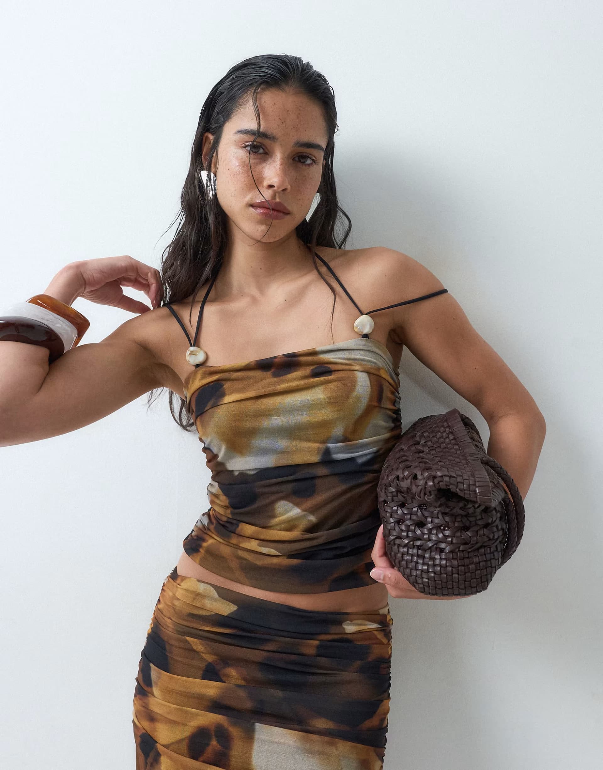 ASOS ASOS DESIGN co-ord mesh strappy bead detail halter neck cami with ruching in blurred floral