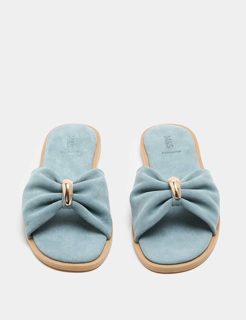 Marks & Spencer M&S Suede Gold Trim Flat Mules Light Blue