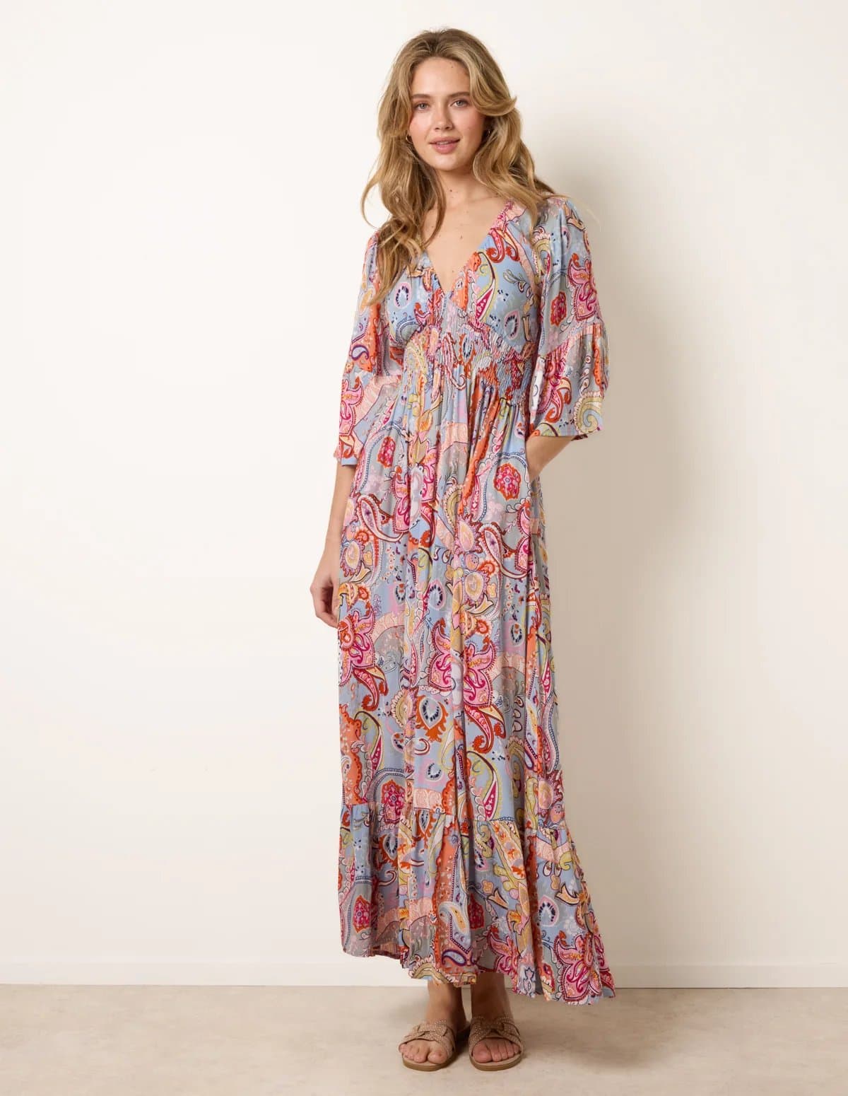 Blue Vanilla Paisley Print V Neck Maxi Dress