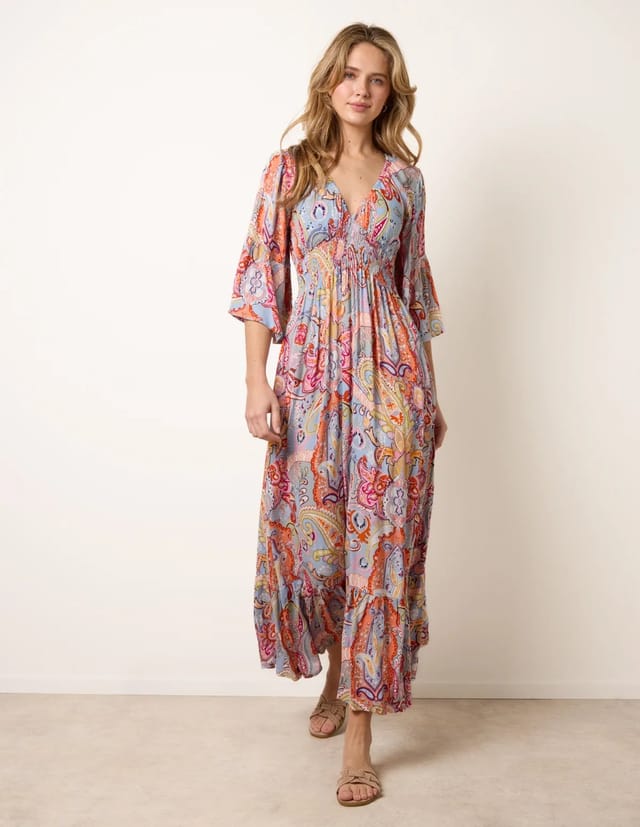 Blue Vanilla Paisley Print V Neck Maxi Dress - 3