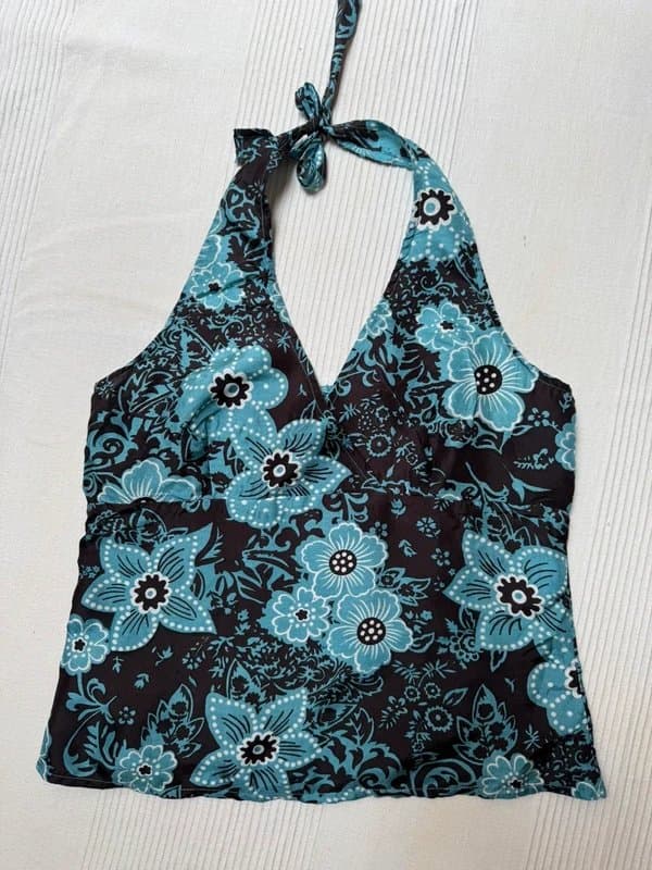 Couleurs d´ete Y2k 100% silk halter neck top in brown and blue very cute - Summer Festival Boho