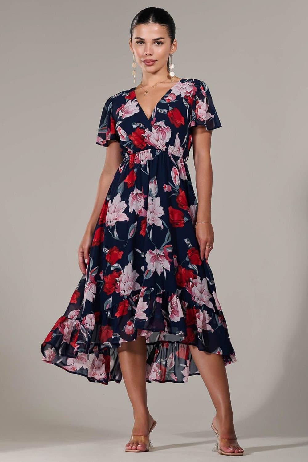 Jolie Moi Jolie Moi Women's Petite High-Low Midaxi Dress in Mid Navy