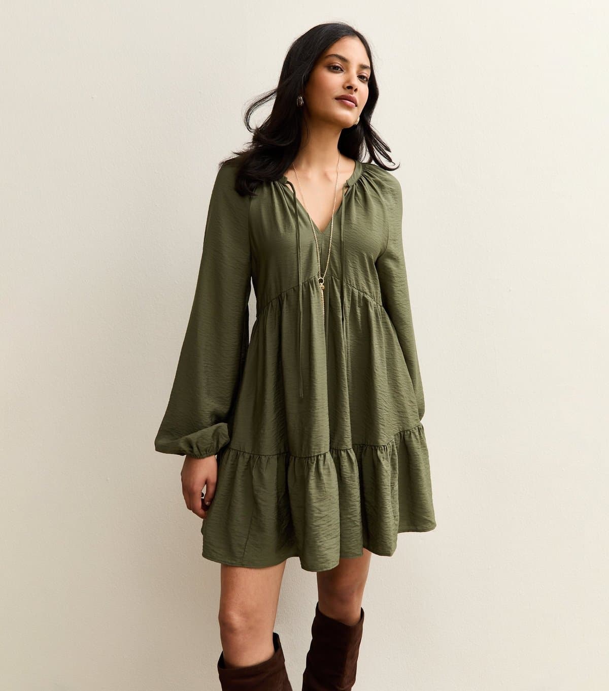 New Look Women's Khaki Long Sleeve Smock Mini Dress New Look
