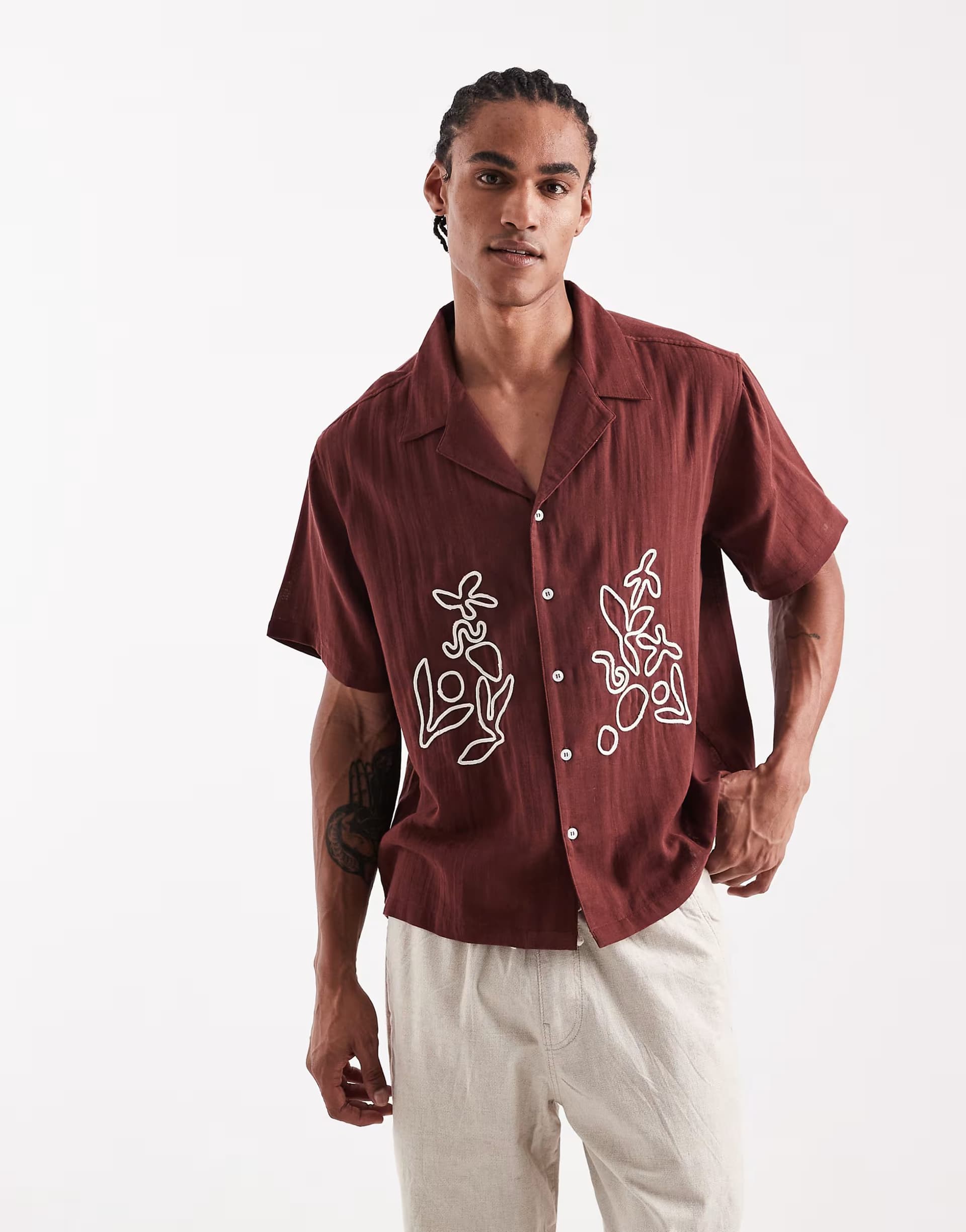 ASOS Aray embroidered revere beach shirt in burgundy