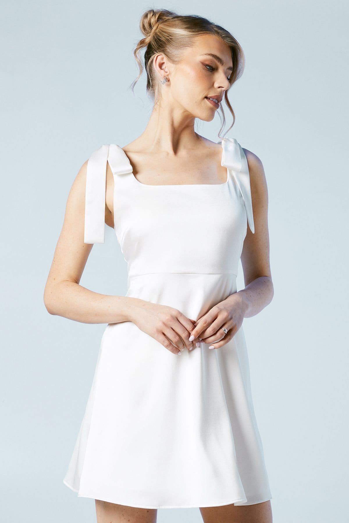 Oasis Ivory Satin Tie Shoulder Bridal Mini Dress