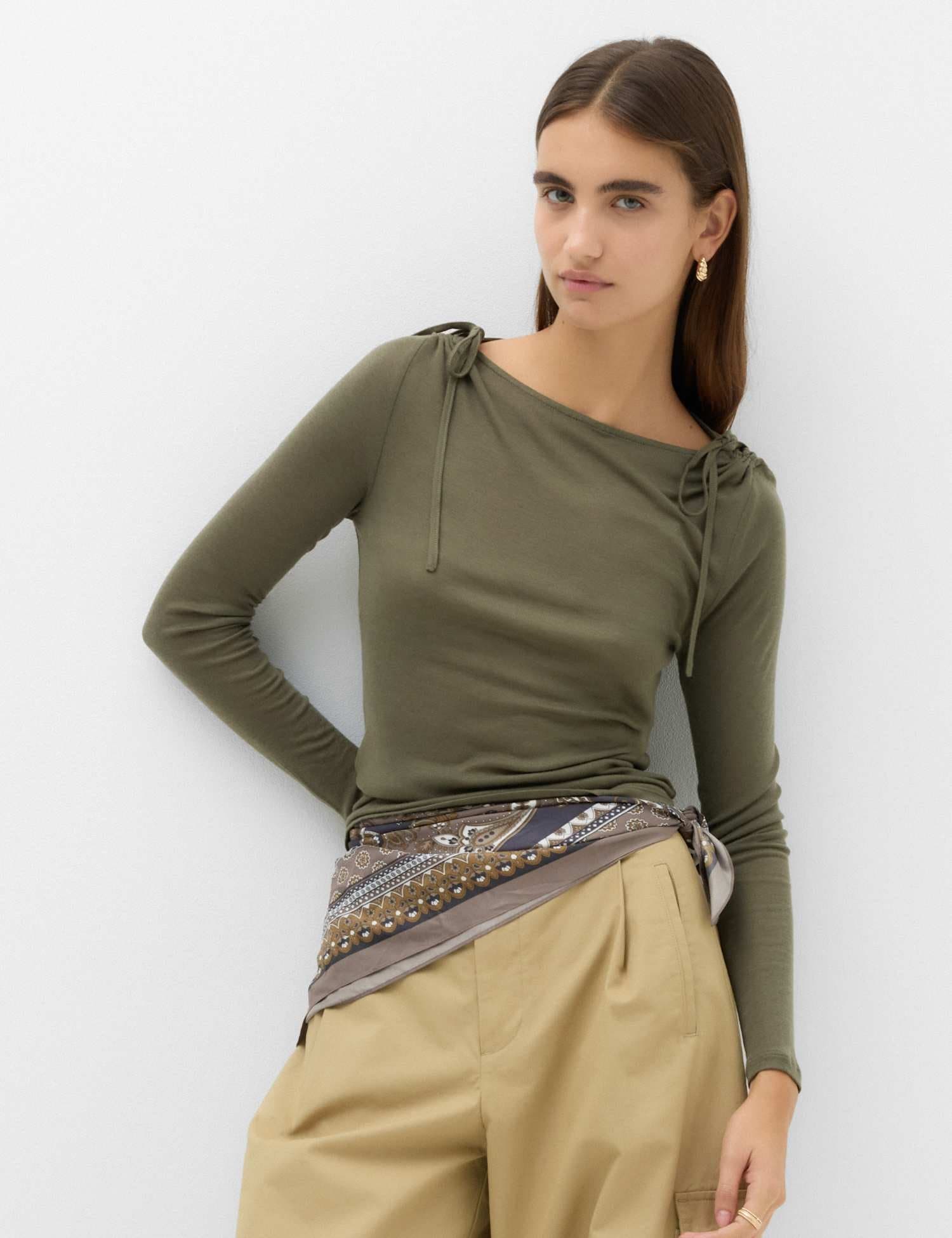 Marks & Spencer M&S Tie Shoulder Long Sleeve Top With Wool Olive