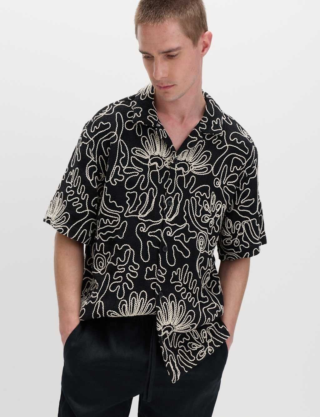Marks & Spencer M&S Cotton Blend Embroidered Short Sleeve Shirt Black Mix
